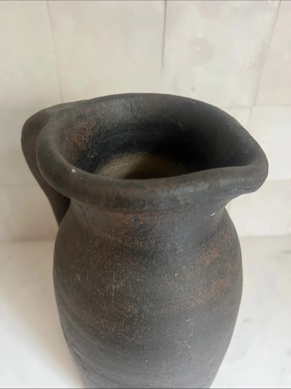 Primitive Chocolate Brown Amber Interiors Style Pottery Vintage Vase Pitcher